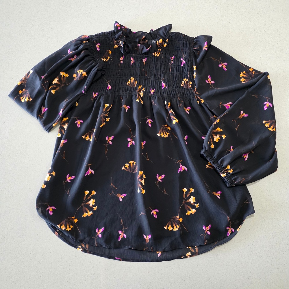 Madewell Smocked Floral Ruffle Neck Balloon Sleeve Blouse Black Orange Purple L